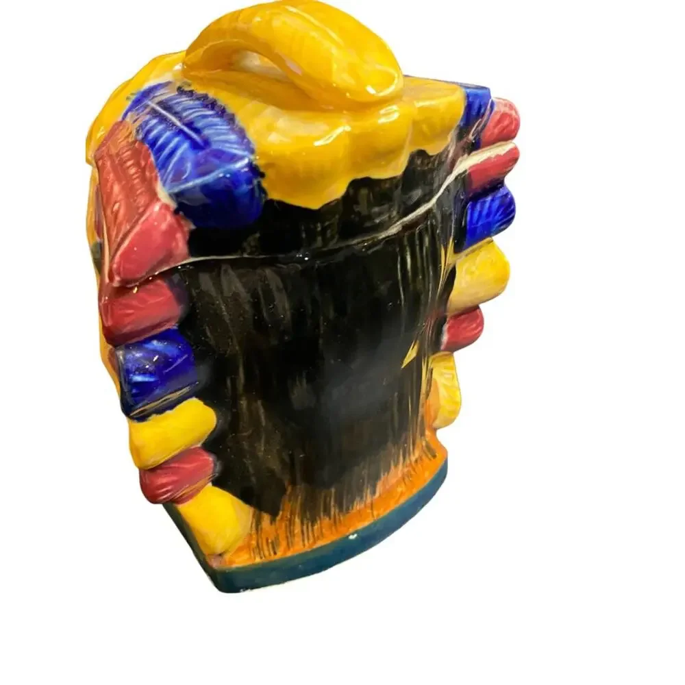 Vintage Japan Lidded Ceramic Jar Headdress Bright Color 4.5